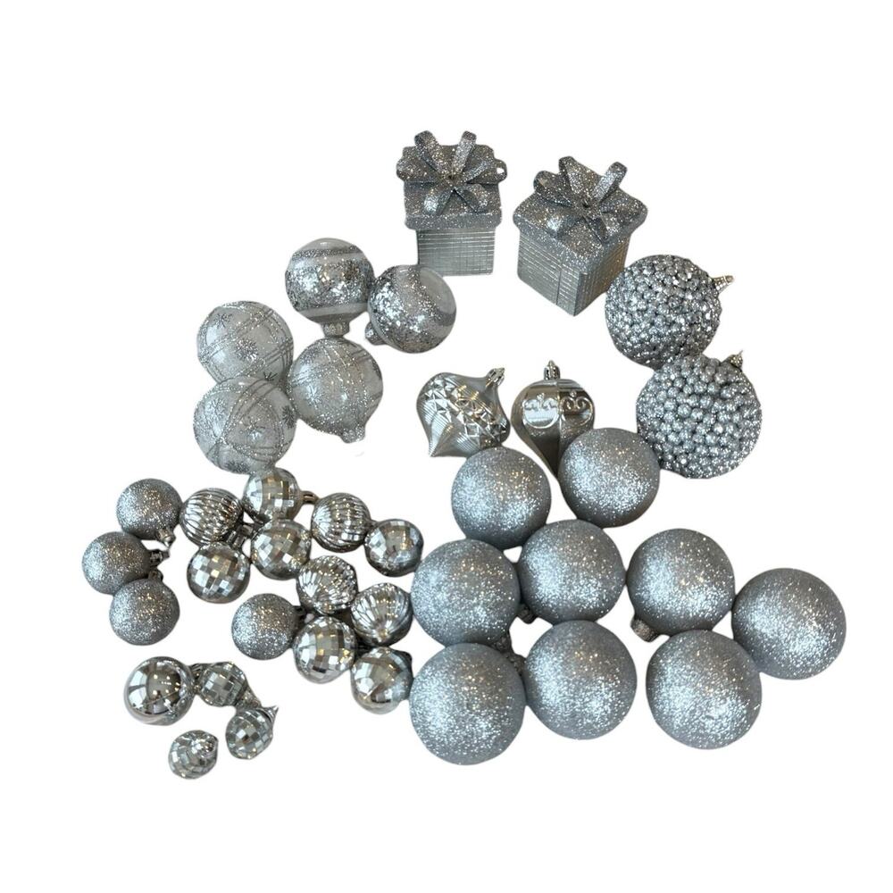 28- Silver Assorted Shatterproof Ornaments 1.5"-4" Shiny‎ Glittery See Pic EUC